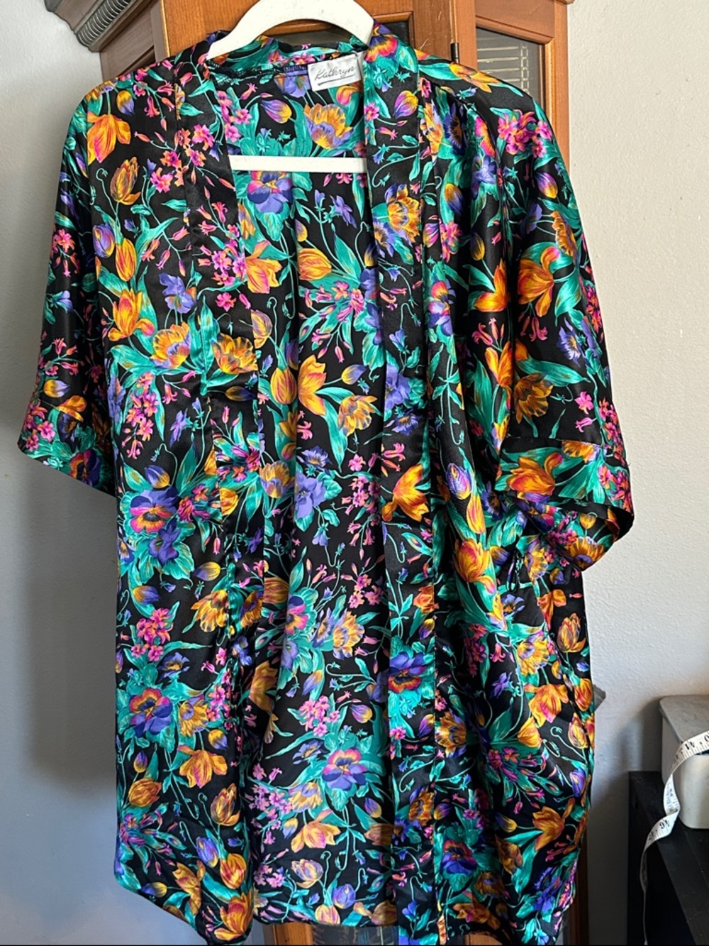 Kathryn Black Floral Satin Kimono Robe